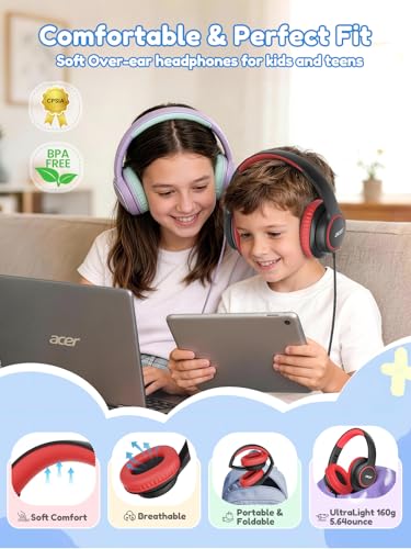 Acer OHW328 Kids Headphones Wired for School - Over Ear Design | 85/94dB Safe Volume, 3.5mm Jack Foldable Headphones for Kids Boys Girls Classroom Yoto Player Chromebook Travel Black Red - color: Black Red