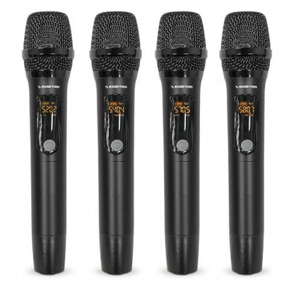 Sound Town 32-Channel Wireless Microphone Karaoke Mixer with 4 Rechargeable Metal Mics, Optical (Toslink), AUX for Smart TVs, Soundbars & Home Receivers, Tablet, PC (SWM15-4MAX) - color: Gloss Black