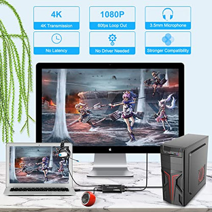 4K Audio Video Capture Card, Recording Card with Microphone HDMI Loop-Out，HDMI to 1080P USB 3.0 for Gaming Streaming TV Recorder, Live Streaming Broadcasting