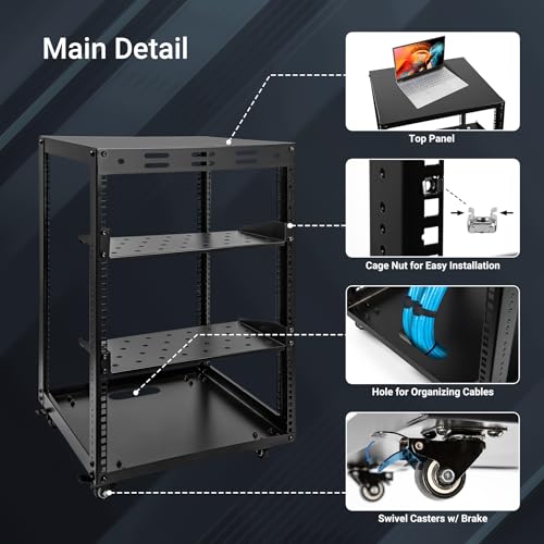 15U Open Frame Server Rack, Wall-mountable IT Rack w/Swivel Casters, 2 Rack Shelves, Top & Bottom Panels, Network Rack for Stereo/Computer/Data/IT/AV Equipment, 19.7”L x 18.8”W x 32.3”H - size: 15U