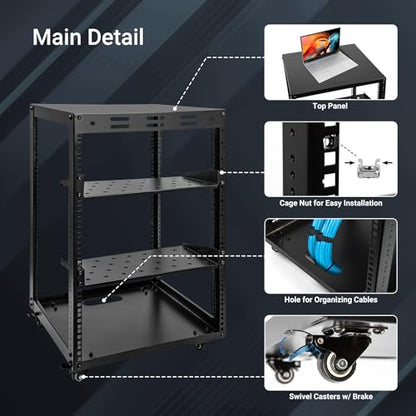 15U Open Frame Server Rack, Wall-mountable IT Rack w/Swivel Casters, 2 Rack Shelves, Top & Bottom Panels, Network Rack for Stereo/Computer/Data/IT/AV Equipment, 19.7”L x 18.8”W x 32.3”H - size: 15U