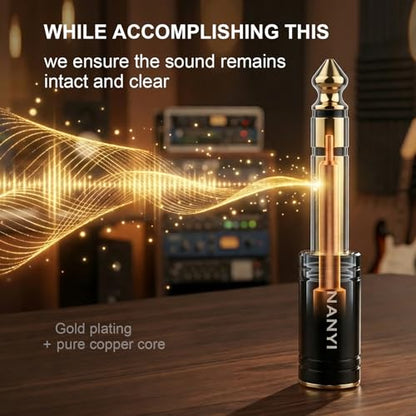 NANYI 1/4 to 3.5mm Headphone Adapter, 6.35mm Male to 3.5mm Female, 1-Pack | 1/8" Female to 1/4" Male TRS stereo Audio Adapter; brass body; copper contacts; fits amp guitar piano keyboard mixer; black