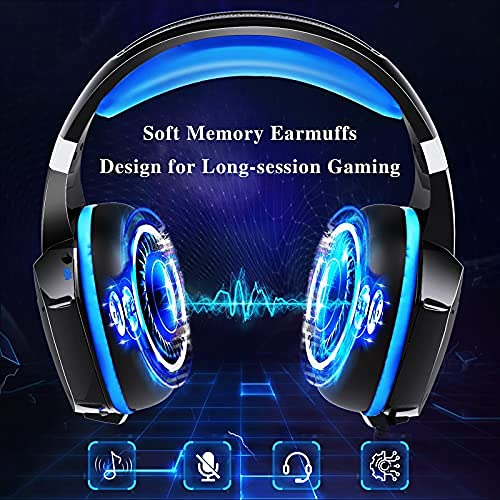 Gaming Headset for PS4 Xbox One PC PS5,Over Ear Wired Gaming Headphones with Microphone Noise Cancelling,Flip-to-Mute,Bass Surround Sound,Lightweight,Soft Memory Earmuffs,Black Blue