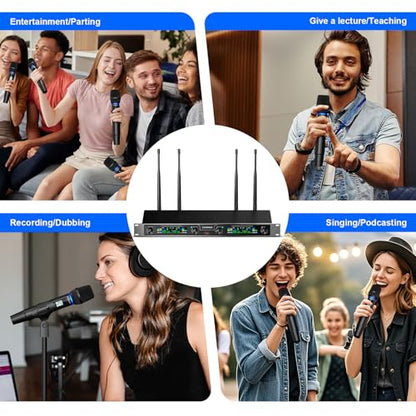 Wireless Microphones System, 4 Channel UHF Wireless Mics,with 4 Handheld Dynamic Microphones,Metal Receiver for Karaoke,Singing,Wedding,Party,Speech - color: Brown