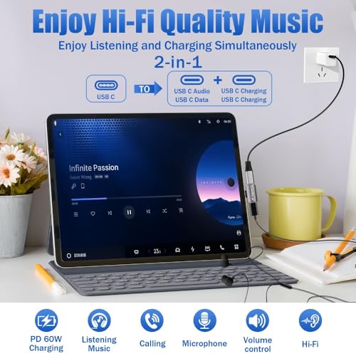 Dual USB C Headphone and Charger Adapter Splitter, 2-in-1 Type C to USB-C Audio Adapter with PD 60W Fast Charge, Type-C Splitter Dongle Converter for iPhone 16 Series, Galaxy S24/23, iPad Pro, Pixel 8 - style: Dual USB C (PD Charging + Audio)