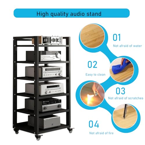 6 Tier Audio Rack Tower, CD Record Player Stereo Receiver AV Equipment Cabinet Display Rack, Weight Capacity 661 lbs, with Adjustable Wooden Shelves for Home (6 Tier Black) - size: 6 Tier Black
