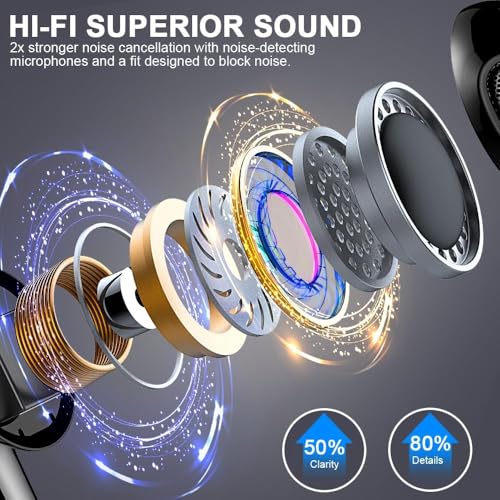 Wireless Earbuds, Bluetooth 5.3 Headphones in Ear 50H Playback Hi-Fi Stereo Ear Buds 4 ENC Mics, Bluetooth Earbud LED Display Charging Case 2024 Wireless Earphones IP7 Waterproof Sport for Android iOS - color: Deep Black