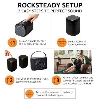 Rocksteady Stadium 2 Speakers + Subwoofer – 2 Speakers & Sub | Portable 2.1 Home Audio System | Up to 30-Hr Battery | 150 ft Range | No WiFi | Stereo Wireless | Speakers Bluetooth Wireless, Multi Room Indoor And Outdoor Audio, 30 Hour Battery, 150 ft Rang