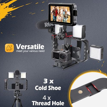 Zeadio Camera Smartphone Handheld Stabilizer, Triple Cold-Shoe Handle Grip Compatible with All Camera Action Camera DSLR Smartphone - style: Standard Version