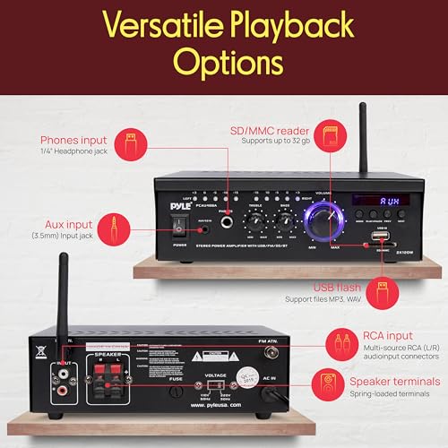 PyleUsa Bluetooth Computer Speaker Amplifier - 2x120 Watt Home Stereo Power Amplifier Home Audio Receiver System W/Blue Led Display, USB/SD, AUX, RCA, Headphone Jack - Remote - PCAU46BA.6
