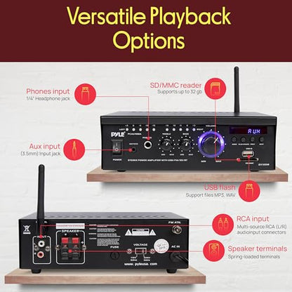 PyleUsa Bluetooth Computer Speaker Amplifier - 2x120 Watt Home Stereo Power Amplifier Home Audio Receiver System W/Blue Led Display, USB/SD, AUX, RCA, Headphone Jack - Remote - PCAU46BA.6