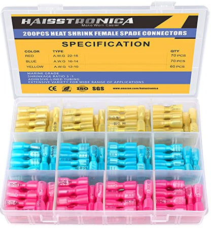 haisstronica 200PCS Heat Shrink Spade Connectors, 22-10 AWG, Female | Female Replacements for Existing Male Tabs, Quick Disconnects for Component Service, 3:1 Adhesive-Lined Seal, Wire Connectors - size: AWG 22-10, style: Female 200PCS