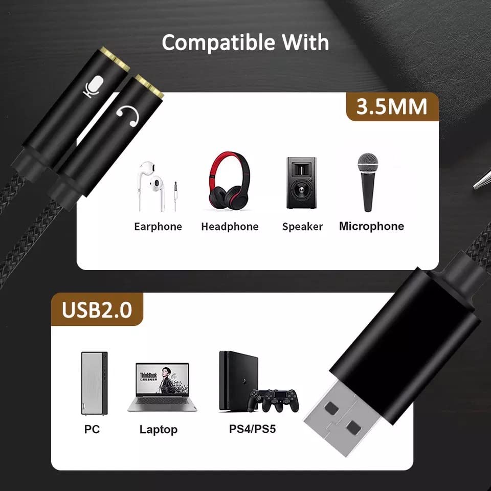 USB to 3.5mm Jack Audio Adapter, USB Audio Cable, External Sound Card USB to Headphone and Mic Adapter, USB 2.0 Male to Dual 3.5mm Female Headset TRS Jack for PS4, PC, Laptop, Gaming Headset Headphone