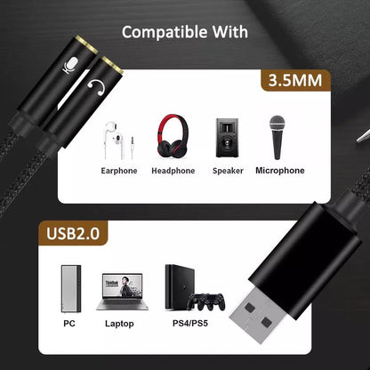 USB to 3.5mm Jack Audio Adapter, USB Audio Cable, External Sound Card USB to Headphone and Mic Adapter, USB 2.0 Male to Dual 3.5mm Female Headset TRS Jack for PS4, PC, Laptop, Gaming Headset Headphone