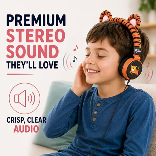 Planet Buddies Kids Tiger Wired Headphones with Cord, Safe Volume for Kids | Toddler Safe, Foldable, On-Ear Corded Animal Headphone for Girls, Boys with Mic for iPad, Tablet, Airplane, School & Travel