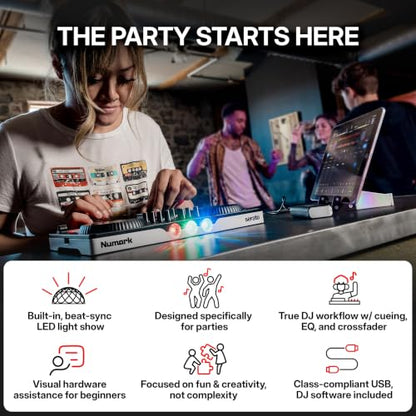 Numark Party Mix III Bluetooth DJ Controller with Built-in Lights | Beat Assist, Smart Fader, 16 Pads, 2 Deck DJ Mixer, Stems Control, USB-C, Serato DJ Lite and Algoriddim djay Included - style: PARTYMIX III