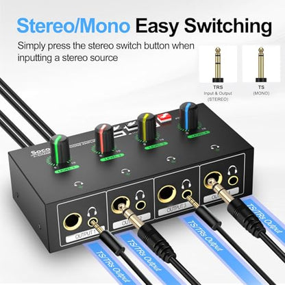 4 Channel Headphone Amplifier, 8 Outputs Stereo Audio Amplifier | Metal Headphone Amp with 1/4", 1/8" & RCA Inputs, RGB Volume Control, Stereo/Mono Switch for Studio, Podcast, Streaming - size: S