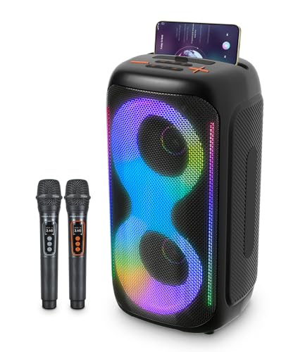 GKD40 Portable Karaoke Machine for Kids & Adults, Bluetooth Speaker with PA System, 2 Wireless Rechargeable Microphones, LED Party Speaker with 4' Woofers & LED Light for Home, Outdoor Party & Singing