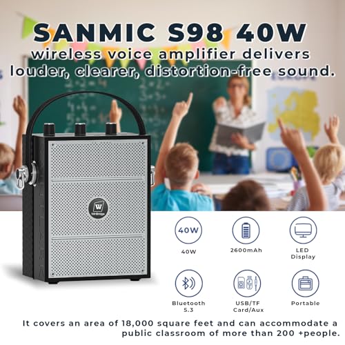 Bluetooth 5.3 Voice Amplifier with Wireless Microphone Headset S98 | Personal Wireless amplifier Mic for Teachers,40W Loudly Portable Megaphone Pa System for Classrooms,Speeches,Outdoors Indoors