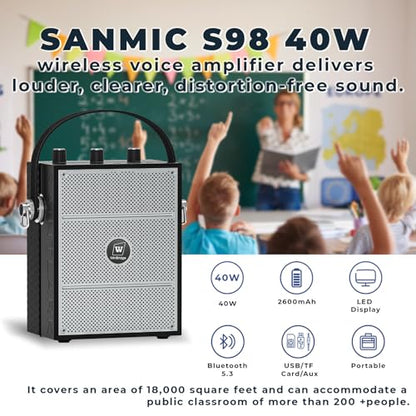 Bluetooth 5.3 Voice Amplifier with Wireless Microphone Headset S98 | Personal Wireless amplifier Mic for Teachers,40W Loudly Portable Megaphone Pa System for Classrooms,Speeches,Outdoors Indoors