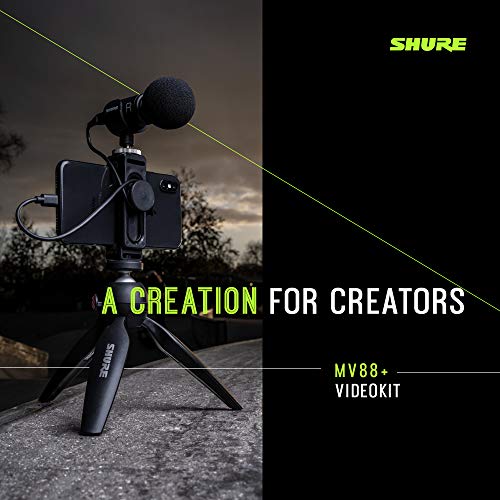 Shure MV88+ Video Kit - Digital Stereo Condenser Microphone for Apple and Android, with Manfrotto PIXI Tripod, Phone Clamp, Mount, iOS and USB-C Cables for Next-Level Connectivity (MV88+ Video KIT) - size: Compact, style: MV88+ Video Kit (Old Package)