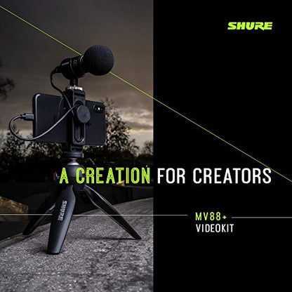 Shure MV88+ Video Kit - Digital Stereo Condenser Microphone for Apple and Android, with Manfrotto PIXI Tripod, Phone Clamp, Mount, iOS and USB-C Cables for Next-Level Connectivity (MV88+ Video KIT) - size: Compact, style: MV88+ Video Kit (Old Package)