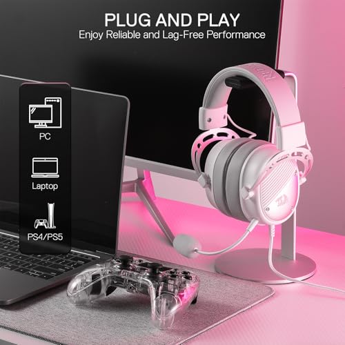 Redragon H730 USB Wired Gaming Headset - 53mm Drivers, 360° Spatial Sound, Detachable Noise-Canceling Microphone, Magnetic Replaceable Ear Cushions, Over-Ear Headphones Works for PC/PS4, White - color: White