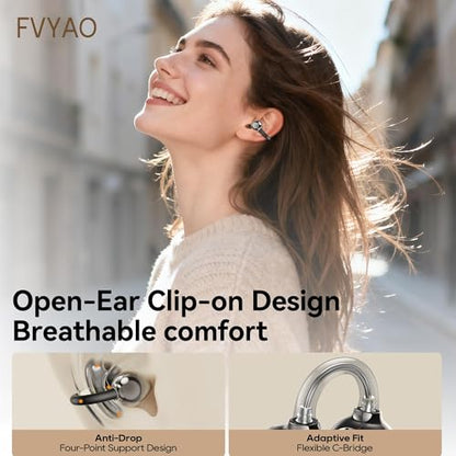 Open Ear Clip on Earbuds Bluetooth Headphones Wireless Ear Buds | Bluetooth 5.4 LED Digital Display IPX5 Waterproof HiFi Stereo 36H Playtime Comfortable Lightweight - color: Black