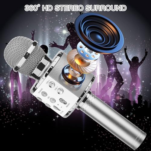 ShinePick Karaoke Microphone, 4 in 1 Wireless Microphone with LED Lights Handheld Portable Karaoke Machine, Home KTV Player, Compatible with Android & iOS Devices (Silver) - color: silver