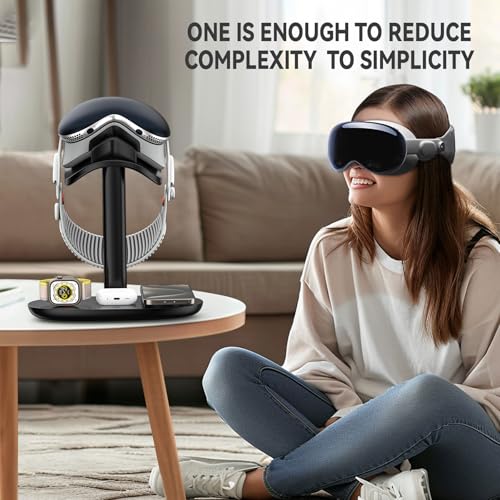 Airpod Max Charger Stand with 15w Wireless Charger, Suguder 4 in 1 Headset Holder for Apple Accessories Charging with AirPods Max/Pro/iWatch/iPhone/Vision Pro, Headphones Stand for Desk Organizer