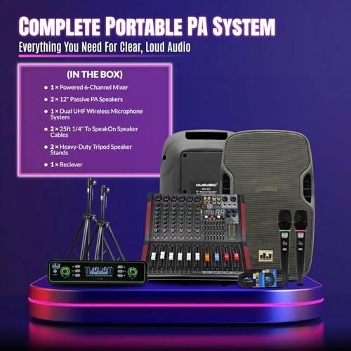 Pa System with Wireless Microphone and Speakers 12", 2000W | Built-in Amplifier w/6 Channel Audio Mixer System, Wireless UHF Microphone, 1000W Passive Speaker, Dual Tripod Stands - size: 12 inch