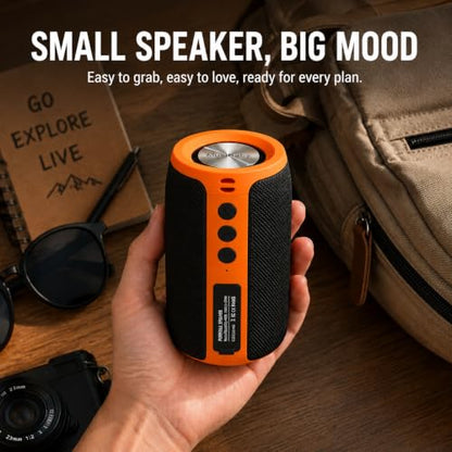 Musibaby M68 Bluetooth Speaker, 12W, IPX5, 24H Playtime, OrangeBlack | Portable, small and compact with USB playback, AUX input, FM radio, TF card playback, up to 24H and dual pairing. - color: OrangeBlk