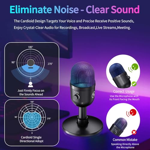 USB Gaming Condenser Microphone for PC/Desktop,192kHz/24Bit,Noise Cancellation,Monitoring,Quick Mute & RGB Lighting,USB PC Mic for Laptop,Podcast,Streaming,Recording Black