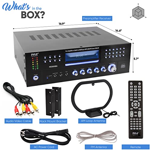 Pyle 4 Channel Bluetooth Amplifier with Front Loading DVD/CD Player - 3000 Watt Stereo Receiver with FM Radio, Dual Microphone w/Echo for Karaoke, USB-A in, LED, Rack Mount - PD3000BA.5