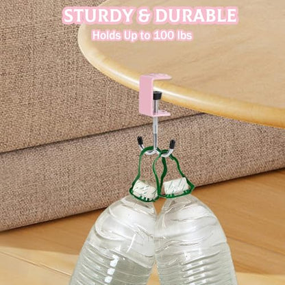 2Pcs Adjustable Purse Hooks Multi-Use Purse Hanger for Table & Desk | 100Ib Capacity Heavy-Duty Alloy Backpack Hanger for Handbag, Headphone, Umbrellas, Space-Saving Desk Organizer (Blue & Pink)
