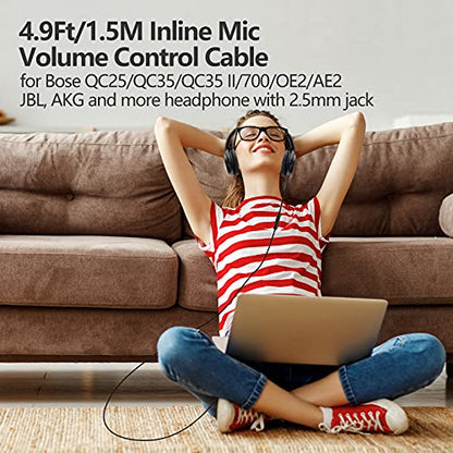 2.5mm to 3.5mm Replacement for Bose Headphone Cord, Nylon Braided Wire | 1.5m/4.9Ft Audio Cable for Bose 700 QC25 QC35 QC35 II OE2 AE2, JBL E45BT E55BT E65BTNC, AKG with Inline Mic & Volume Control