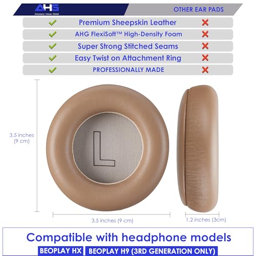 AHG Accessory House Global Ear Pads Cushions Compatible with Bang & Olufsen Beoplay H9 3rd Gen (Not Compatible with H9 / H9i) and Beoplay HX Headphones (Argilla Bright). Premium Sheepskin Leather - color: ARGILLA BRIGHT