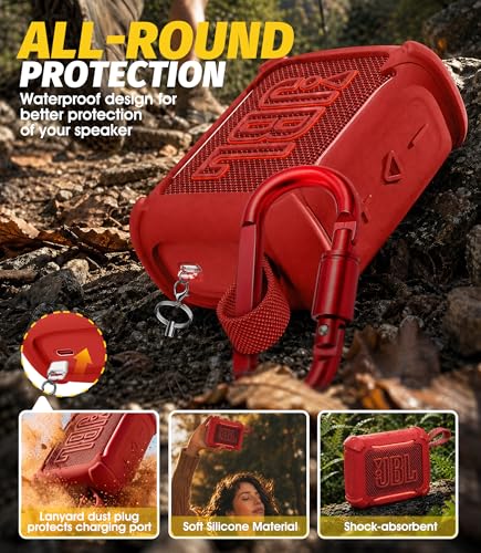 (3 in 1) Orzero Silicone Cover Compatible for JBL Go 5 Waterproof Bluetooth Speaker, Lanyard Dust Plug and Twist-Lock Carabiner for Camping Hiking (Red) - color: Red