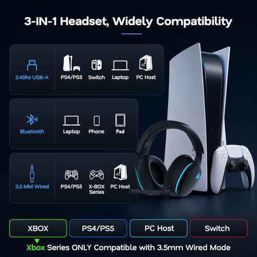 AOC 2.4GHz Wireless Gaming Headset for PS5, PS4, PC, Switch, 45Hr, Black | Bluetooth 6.0 Gaming Headphones with Noise Canceling Mic, 7.1 Virtual Surround, Great for Fortnite & Call of Duty/FPS Gamers - color: Black