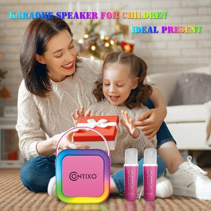 Contixo KS1 Mini Karaoke Machine for Kids, Portable Bluetooth Speaker with 2 Wireless Microphones & Dynamic Lights for Boys & Girls, Home Party Entertainment Toy (Pink) - color: Pink