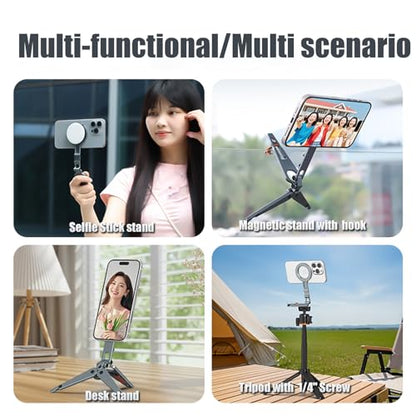 Magnetic Phone Tripod Stand Foldable Pocket Mount for iPhone | Portable, 1/4" Screw Hole & Hook,Perfect for Vlogging, Travel, Selfies, Video Calls for iPhone 17/16/15/14 & MagSafe cases.