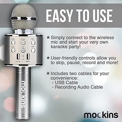 Mockins Silver Bluetooth Karaoke Microphone for Kids with Built in Wireless Speaker| Wireless Microphone Karaoke Compatible with iOS & Android | All-in-One Mic - color: Silver