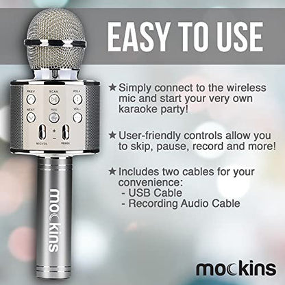 Mockins Silver Bluetooth Karaoke Microphone for Kids with Built in Wireless Speaker| Wireless Microphone Karaoke Compatible with iOS & Android | All-in-One Mic - color: Silver