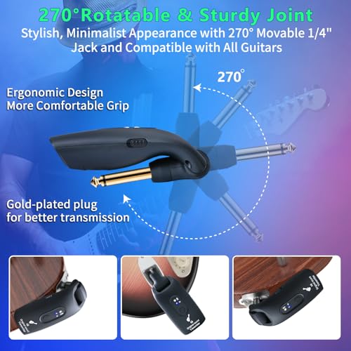 A9 Wireless Guitar System 2.4GHz Wireless Guitar Transmitter and Receiver | Rechargeable,4 Channels, 100FT/30m Range,270° Rotatable Plug,for Electric Guitar Bass (Black(1TX+1RX)) - color: Black