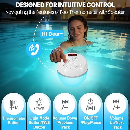 AearKing 3in1 Floating Pool Speaker with Digital Pool Thermometer & Lights | RGB Lights, TWS, IP68 Waterproof, Bluetooth 5.0, 360° Surround Sound, LCD Temperature Display, ABS,USB Charging