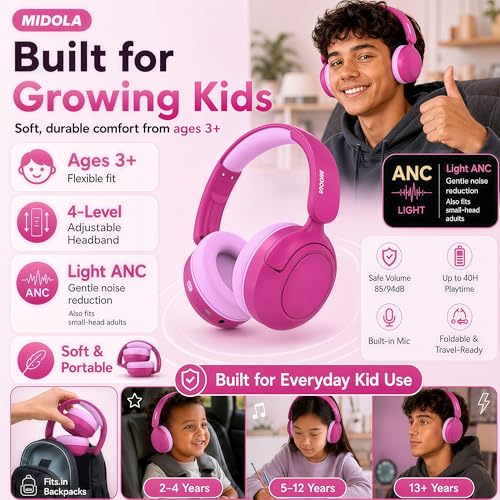 Kids Bluetooth Headphones Wireless,ANC,68H,Safe Volume Limit 85/94dB Pink | Active Noise Cancelling,Adjustable Headband Foldable Over-Ear for Toddler Girls Boys Tablet/iPad,HD Stereo,Built Mic - color: Rose Pink
