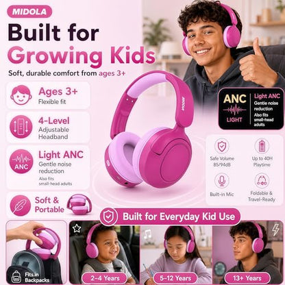 Kids Bluetooth Headphones Wireless,ANC,68H,Safe Volume Limit 85/94dB Pink | Active Noise Cancelling,Adjustable Headband Foldable Over-Ear for Toddler Girls Boys Tablet/iPad,HD Stereo,Built Mic - color: Rose Pink