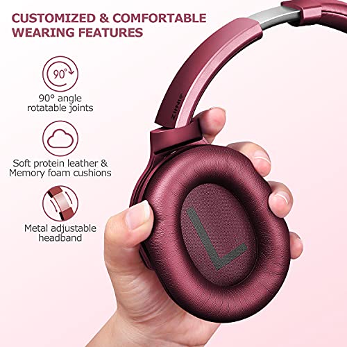 ZIHNIC Active Noise Cancelling Headphones, 40H Playtime Wireless Bluetooth Headset with Deep Bass Hi-Fi Stereo Sound,Comfortable Earpads for Travel/Home/Office (Red) - color: Red