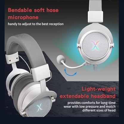 FOXXRAY HAU-37 USB Gaming Headset for PC, Computer Headphones with Microphone, 7.1 Surround Sound, 50MM Dynamic Drivers, RGB Light, Wired Headphones for PS4, PS5, Laptop - color: White