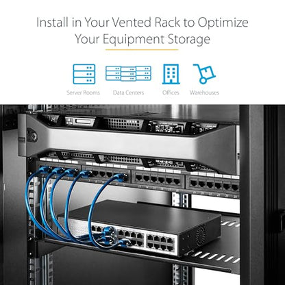 StarTech 2-Pack 1U Vented Rack Shelf, 10in, 44lb (CABSHELFV1U-2PK) | 19in network rack or cabinet fit, 20kg per shelf, 25cm deep, SPCC cold-rolled steel, Rackmount tray - size: 10", style: 2-pack